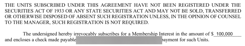 Subscription agreement excerpt showing a 100000 dollar amount