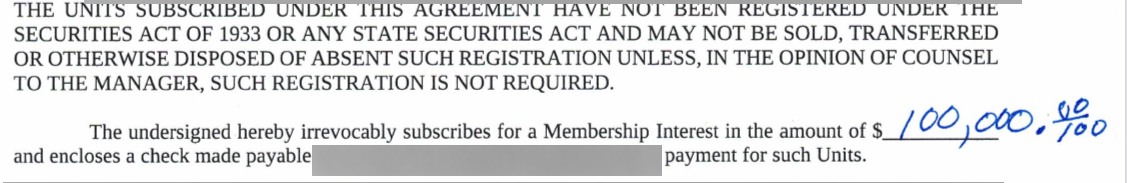 Subscription document excerpt with a handwritten 100000 dollar amount