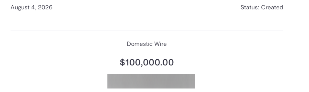 Wire record excerpt showing 100000 dollars and status Created