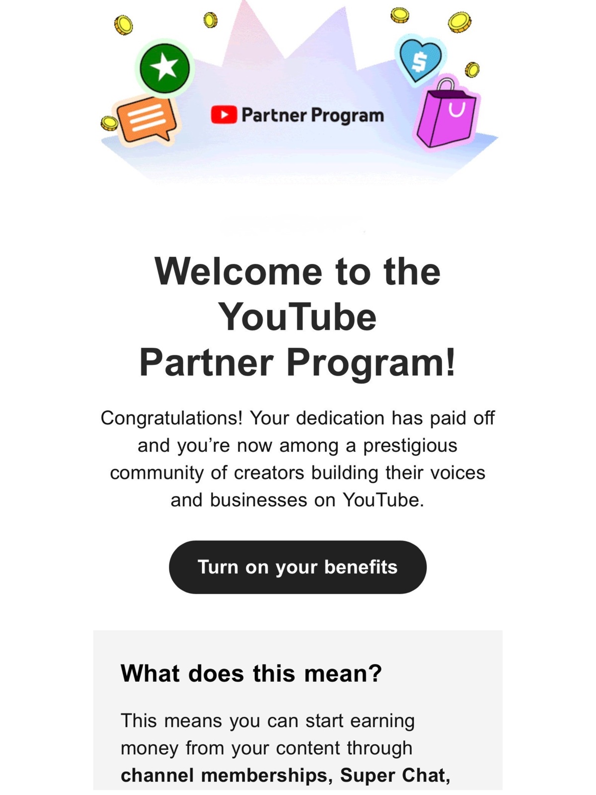 Welcome to the YouTube Partner Program email